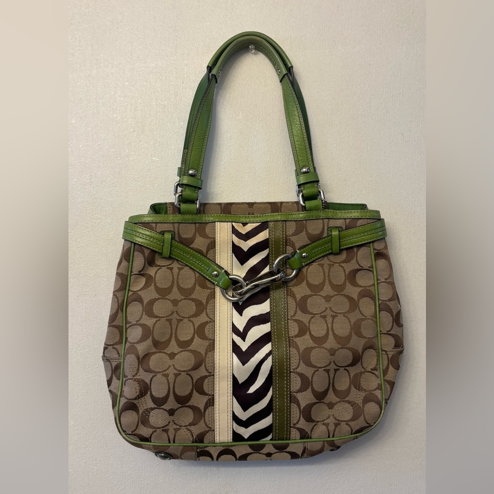 Coach Nancy Signature Khaki Green Zebra Stripe Tote Bag (Model No. F13993)